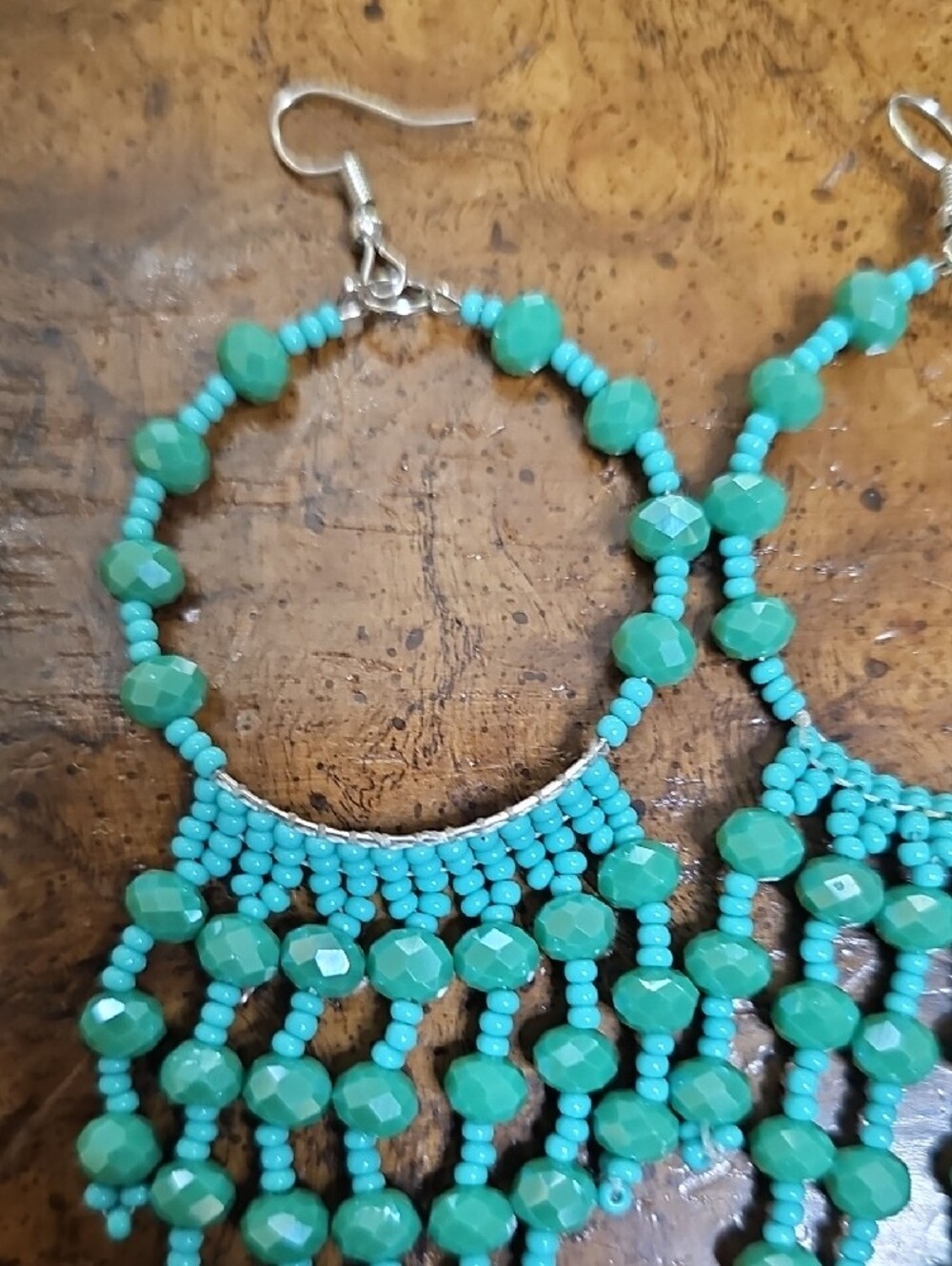 Turquoise Beaded Fringe Hoop Earrings - Women Jewelry - Picture 6 of 7